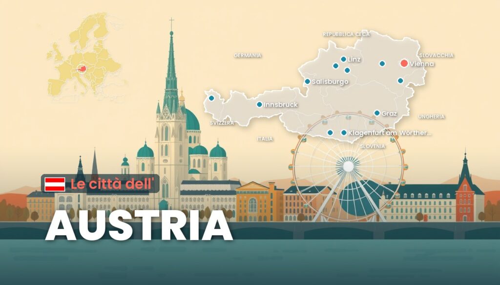 Le città dell'Austria: illustrazione con la cartina dell'Austria