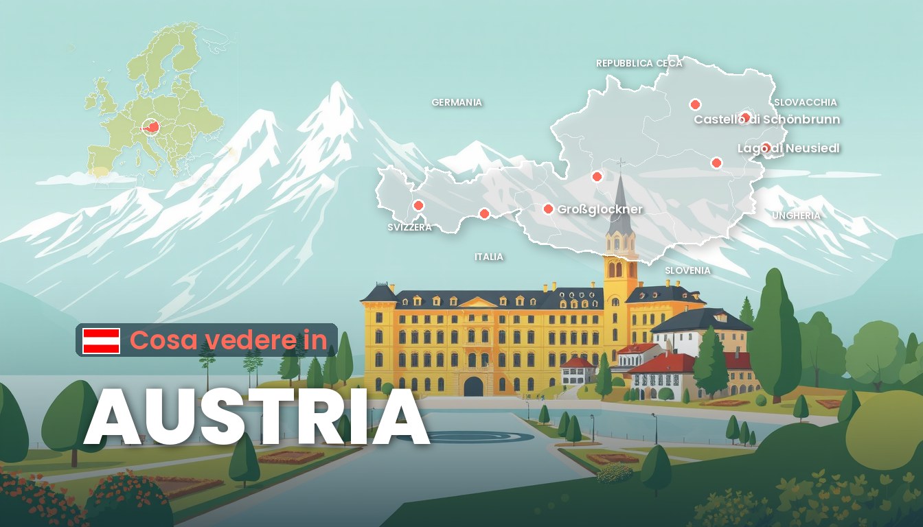 Cosa vedere in Austria: luoghi, città d’arte e natura Cosa vedere in Austria: illustrazione con la cartina dell'Austria