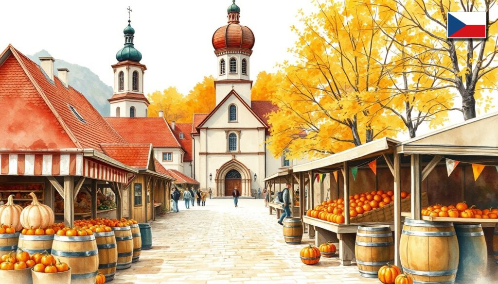 Festa d'autunno in un villaggio della Boemia con bancarelle di castagne e zucche, illustrazione ad acquerello