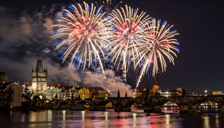 Fuochi d'artificio di Capodanno sopra il ponte Carlo e la Moldava a Praga
