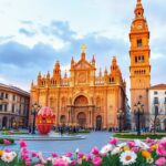 Illustrazione della Cattedrale di Siviglia durante la Settimana Santa con decorazioni pasquali