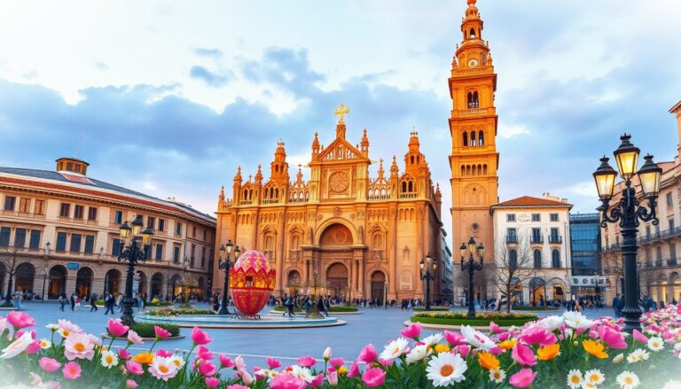 Illustrazione della Cattedrale di Siviglia durante la Settimana Santa con decorazioni pasquali