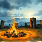 Illustrazione della festa celtica Samhain con fuochi accesi nella notte