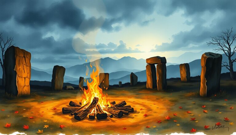 Illustrazione della festa celtica Samhain con fuochi accesi nella notte