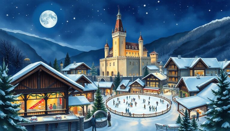 Illustrazione del Magico Paese di Natale a Govone con castello illuminato e casette festive