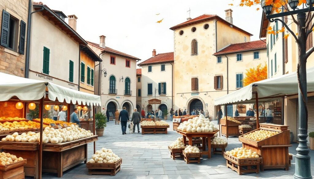 Mercatini del tartufo in Istria e Slovenia: autunno tra sapori e borghi Illustrazione di un mercatino del tartufo in un borgo dell'Istria in autunno