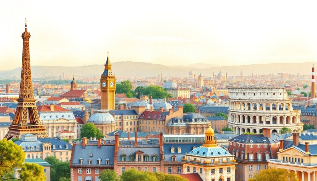 Illustrazione con i principali simboli delle capitali europee: Torre Eiffel, Big Ben, Colosseo e architetture storiche europee