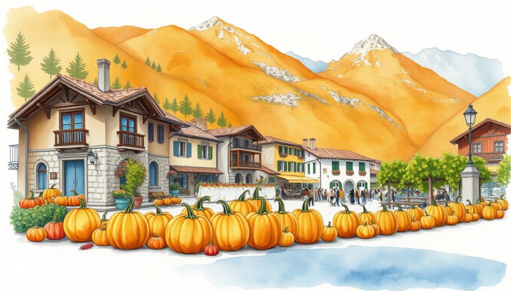 Sagra della zucca e del vino novello in Andorra: cosa vedere Illustrazione di un villaggio di montagna in Andorra con zucche e viti esposte durante la sagra autunnale