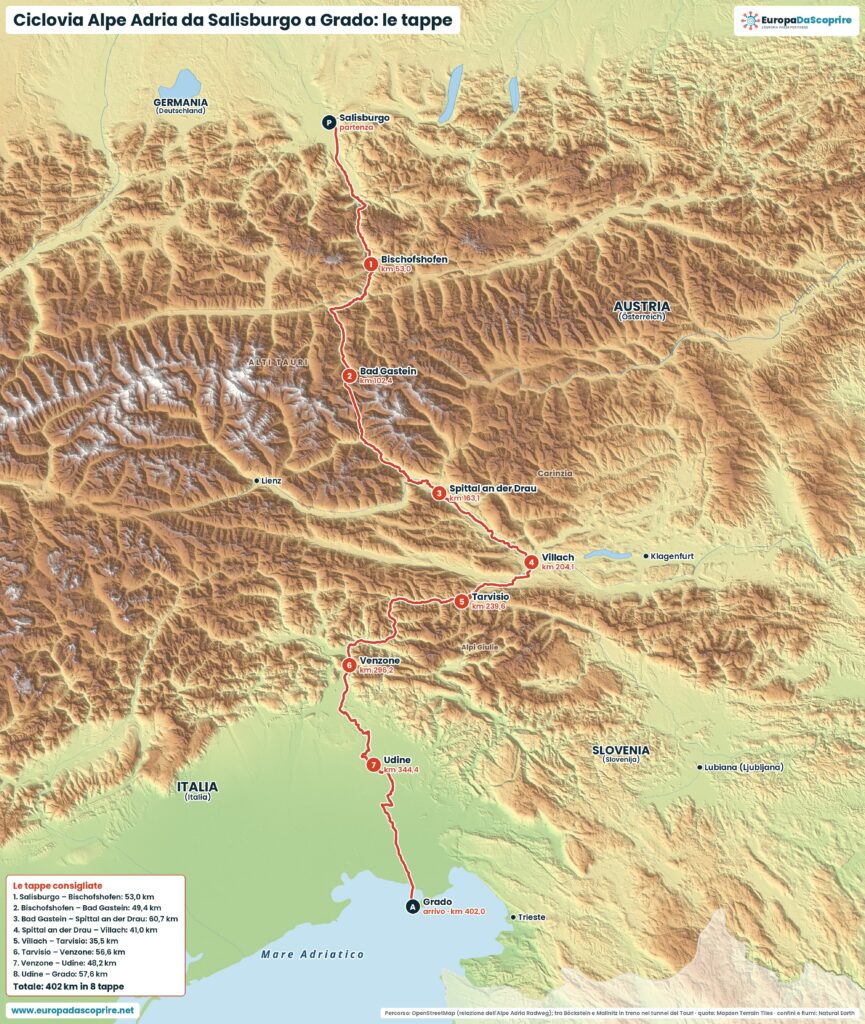 Mappa della Ciclovia Alpe Adria da Salisburgo a Grado con le tappe consigliate e i chilometri