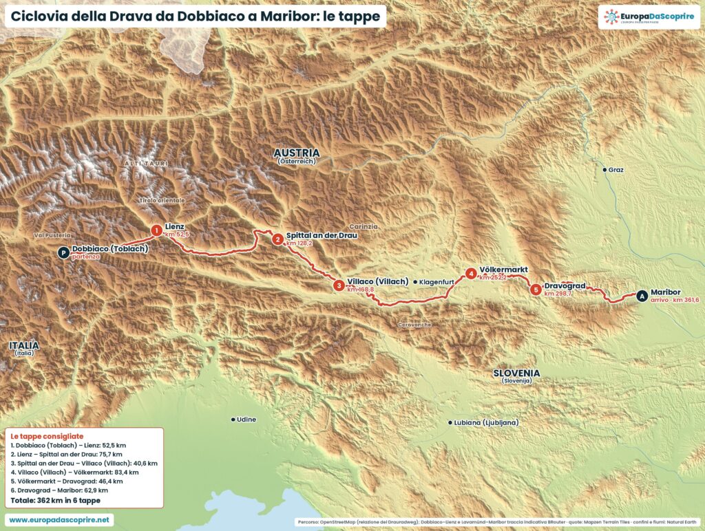 Mappa della Ciclovia della Drava da Dobbiaco (Toblach) a Maribor con le tappe consigliate e i chilometri