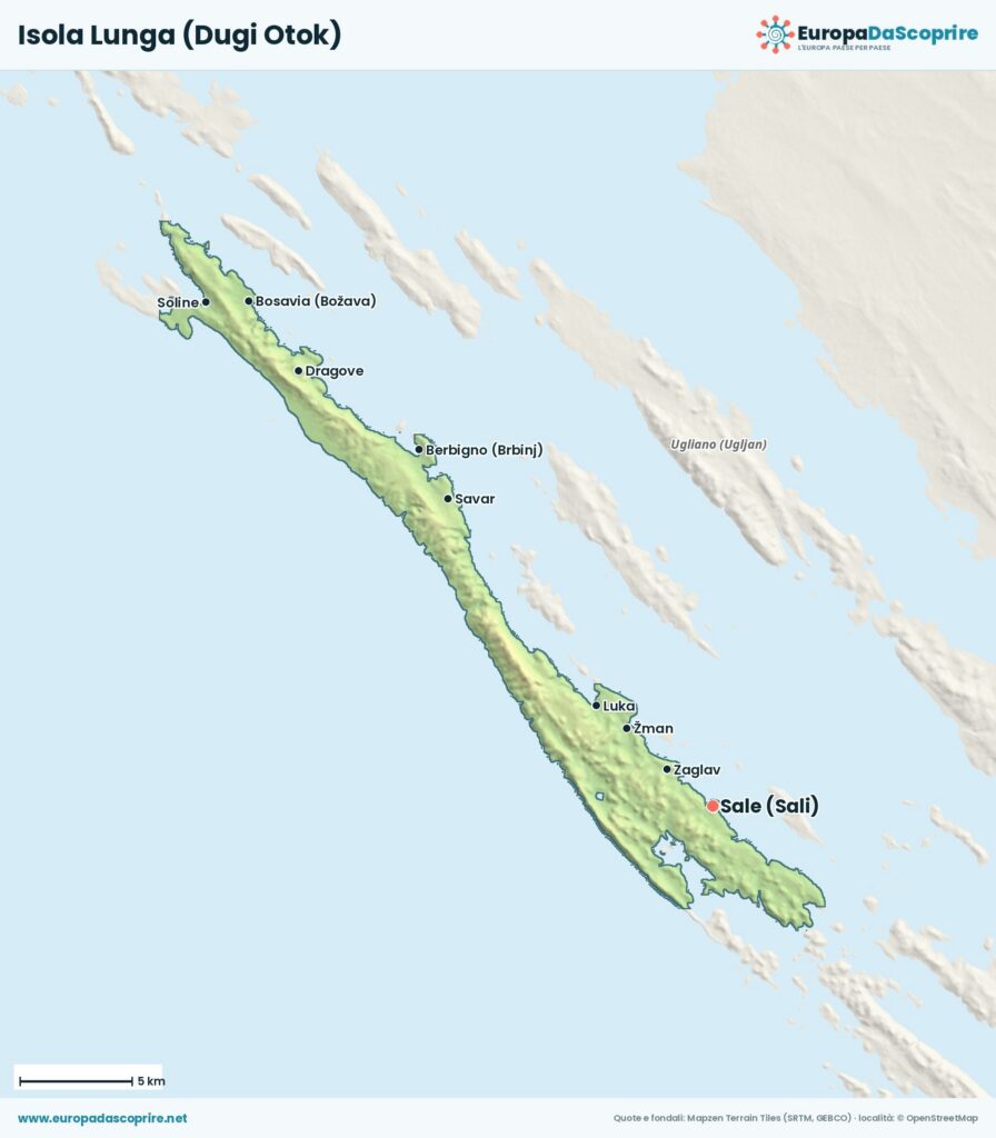 Mappa di Isola Lunga (Dugi Otok) con le località principali: Sale, Bosavia, Berbigno, Savar, Zaglav e Žman