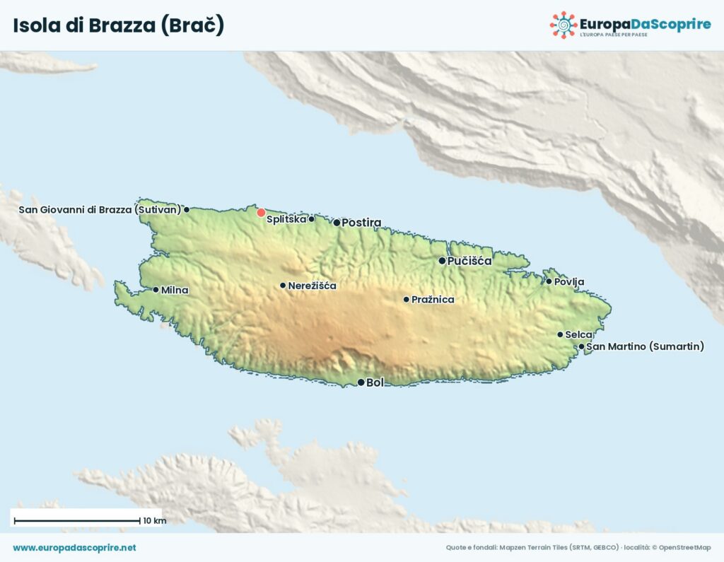 Mappa dell'isola di Brazza (Brač) con le località principali: San Pietro, Bol, Milnà, Pučišća, Postira e San Martino