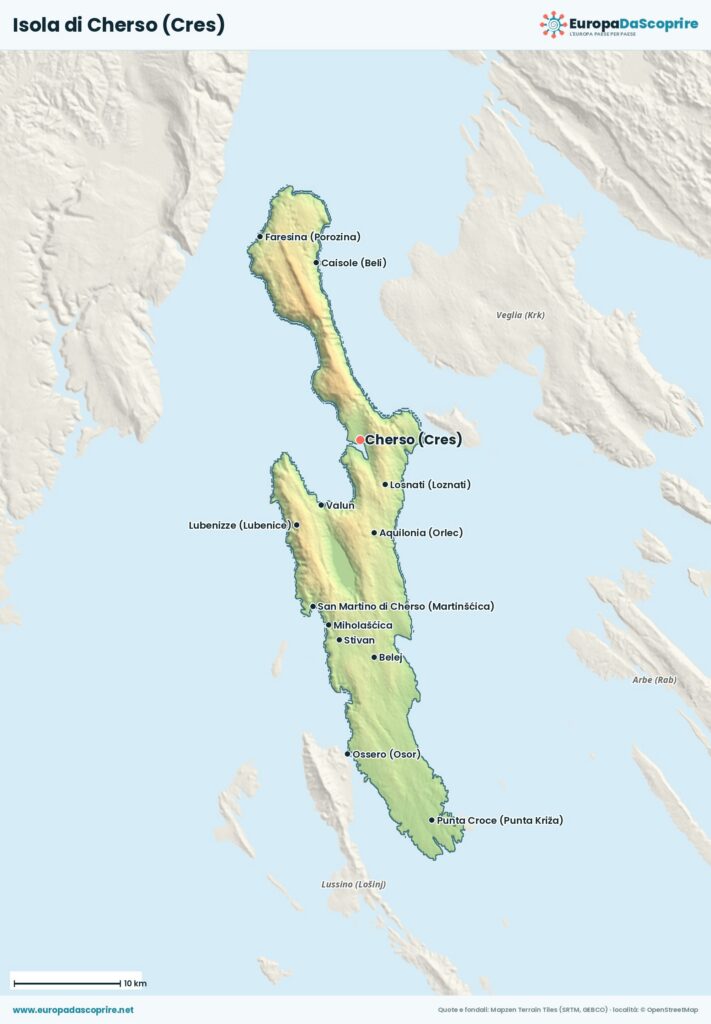 Mappa dell'isola di Cherso (Cres) con le località principali: Cherso, Caisole, Lubenice, Vallone, San Martino e Ossero