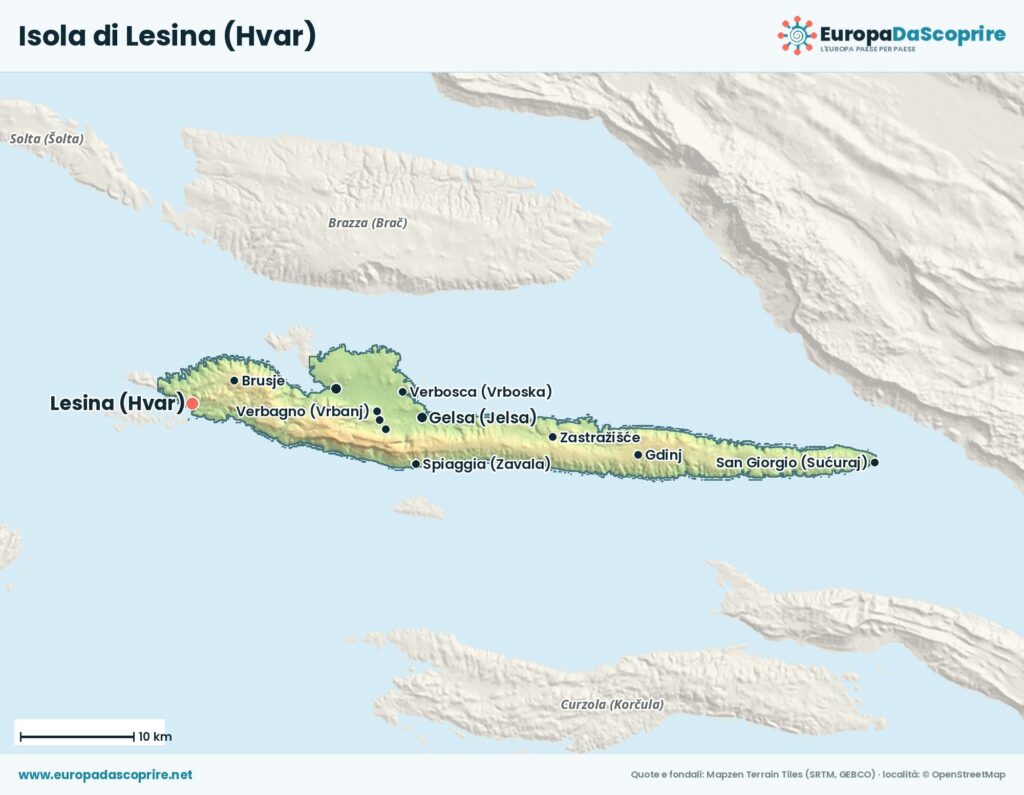 Mappa dell'isola di Lesina (Hvar) con le località principali: Lesina, Cittavecchia, Gelsa, Verbosca e San Giorgio