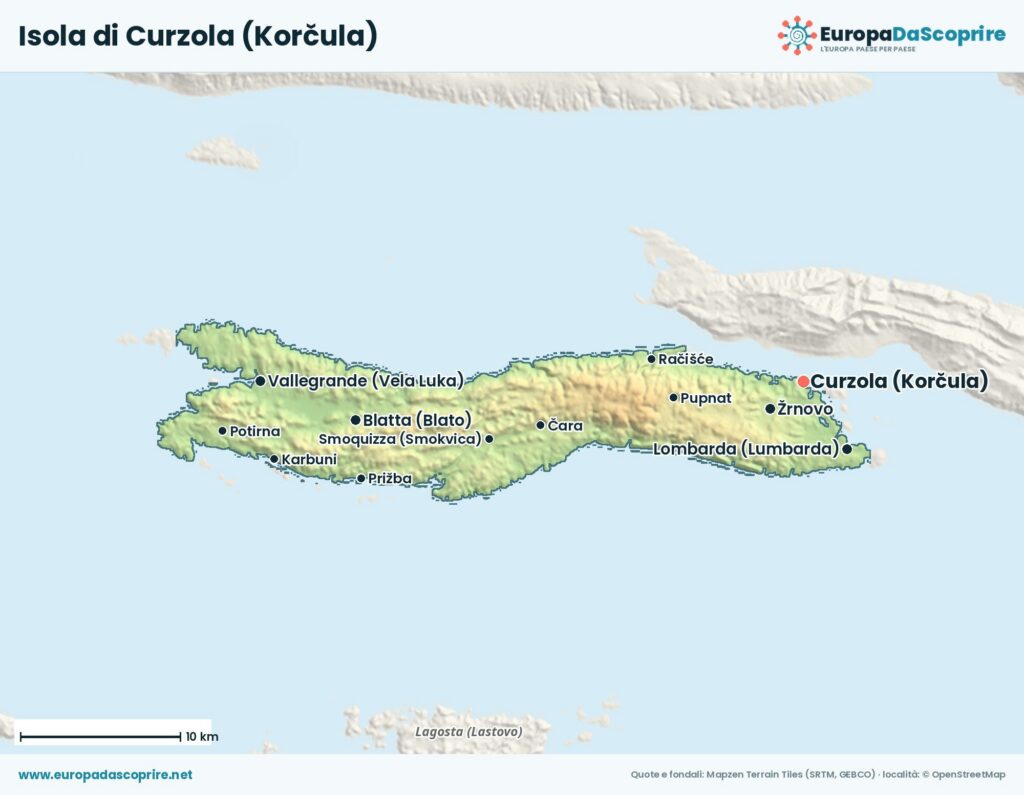 Mappa dell'isola di Curzola (Korčula) con le località principali: Curzola, Vallegrande, Blatta, Lombarda e Smoquizza