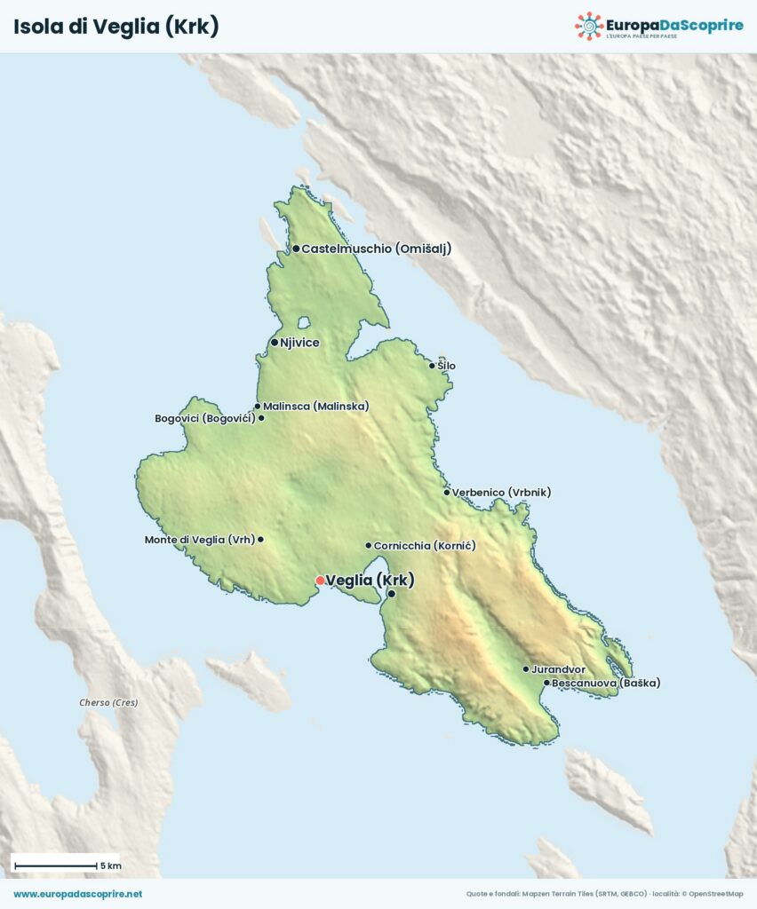 Mappa dell'isola di Veglia (Krk) con le località principali: Veglia, Castelmuschio, Malinska, Ponte, Verbenico e Bescanuova