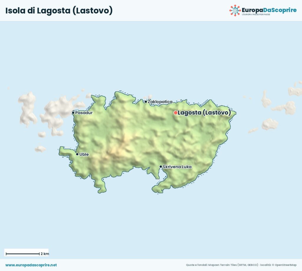 Mappa dell'isola di Lagosta (Lastovo) con le località principali: Lagosta, San Pietro, Passador, Porto Chiave e Porto Rosso
