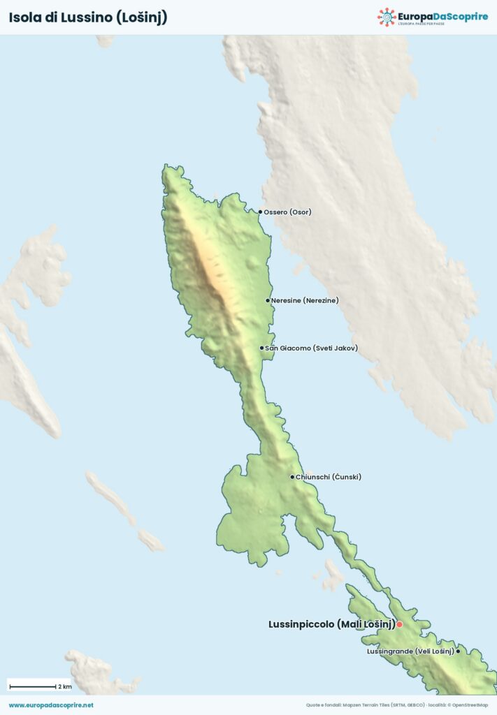 Mappa dell'isola di Lussino (Lošinj) con le località principali: Lussinpiccolo, Lussingrande, Neresine, San Giacomo e Chiusi