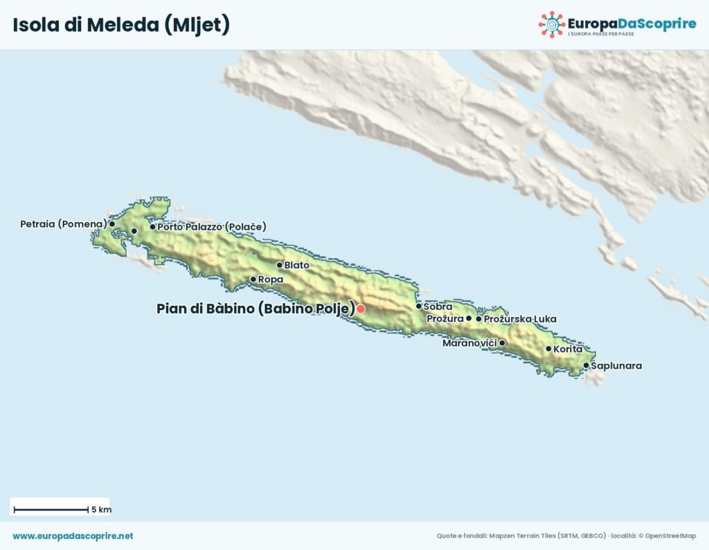 Mappa dell'isola di Meleda (Mljet) con le località principali: Babino Polje, Sobra, Porto Palazzo, Pomena e Saplunara