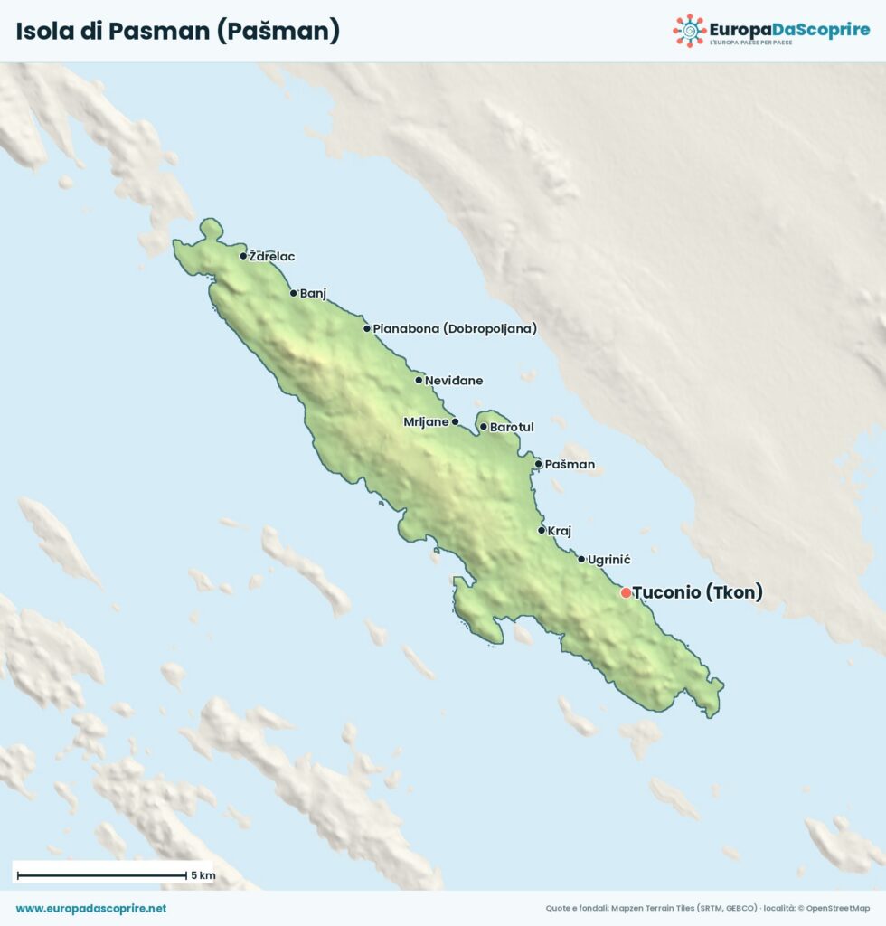 Mappa dell'isola di Pasman (Pašman) con le località principali: Tuconio, Pasman, Neviane, Bagno e Sdrelaz