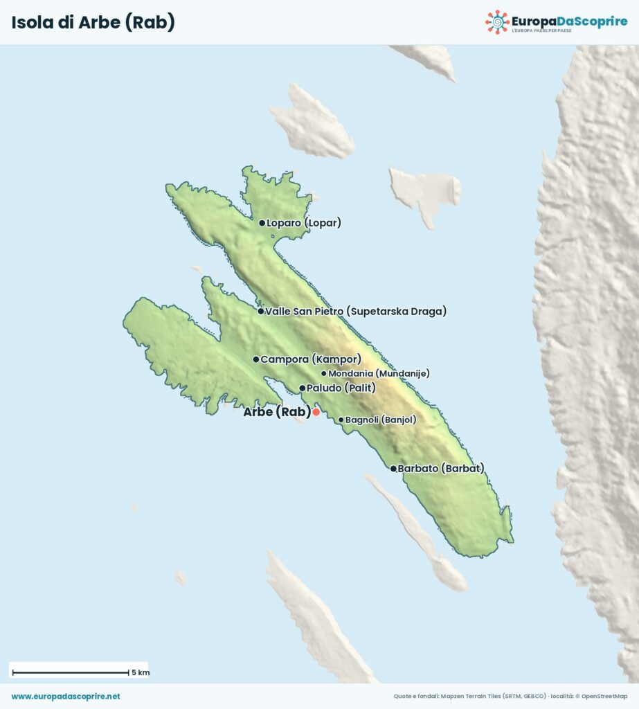Mappa dell'isola di Arbe (Rab) con le località principali: Arbe, Loparo, Barbato, Campora, Valle San Pietro, Mondanìa e Bagnoli