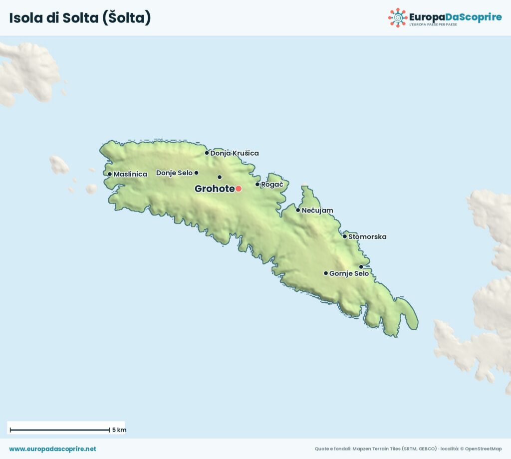 Mappa dell'isola di Solta (Šolta) con le località principali: Grohote, Rogač, Nečujam, Stomorska, Maslinica e i paesi dell'interno