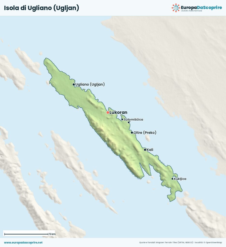 Mappa dell'isola di Ugliano (Ugljan) con le località principali: Oltre, Calle, Cuclizza, Ugliano e Lucorano
