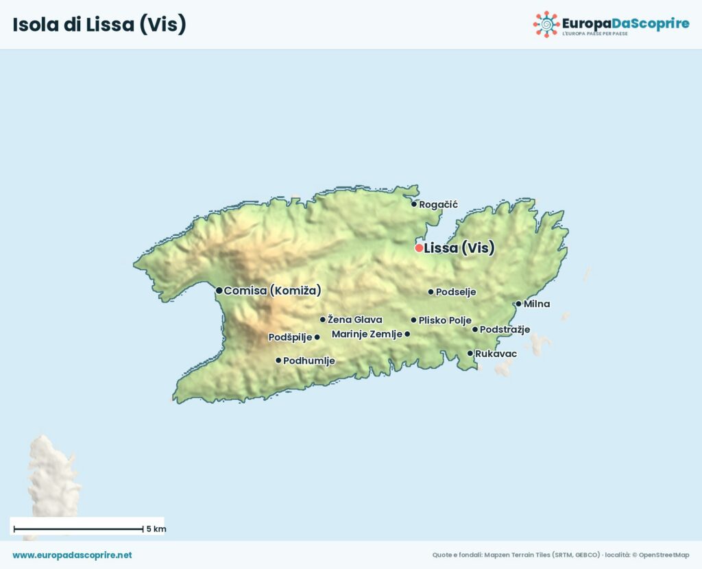 Mappa dell'isola di Lissa (Vis) con le località principali: Lissa, Comisa, Mànego, Podselje e Podhumlje