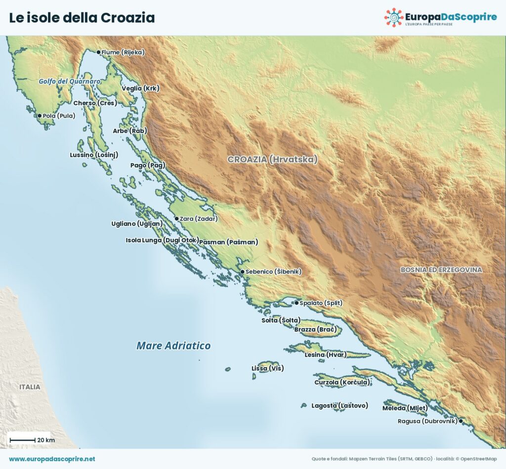 Mappa delle isole della Croazia: Veglia, Cherso, Lussino, Arbe, Pago, Ugliano, Pasman, Isola Lunga, Brazza, Solta, Lesina, Lissa, Curzola, Lagosta e Meleda