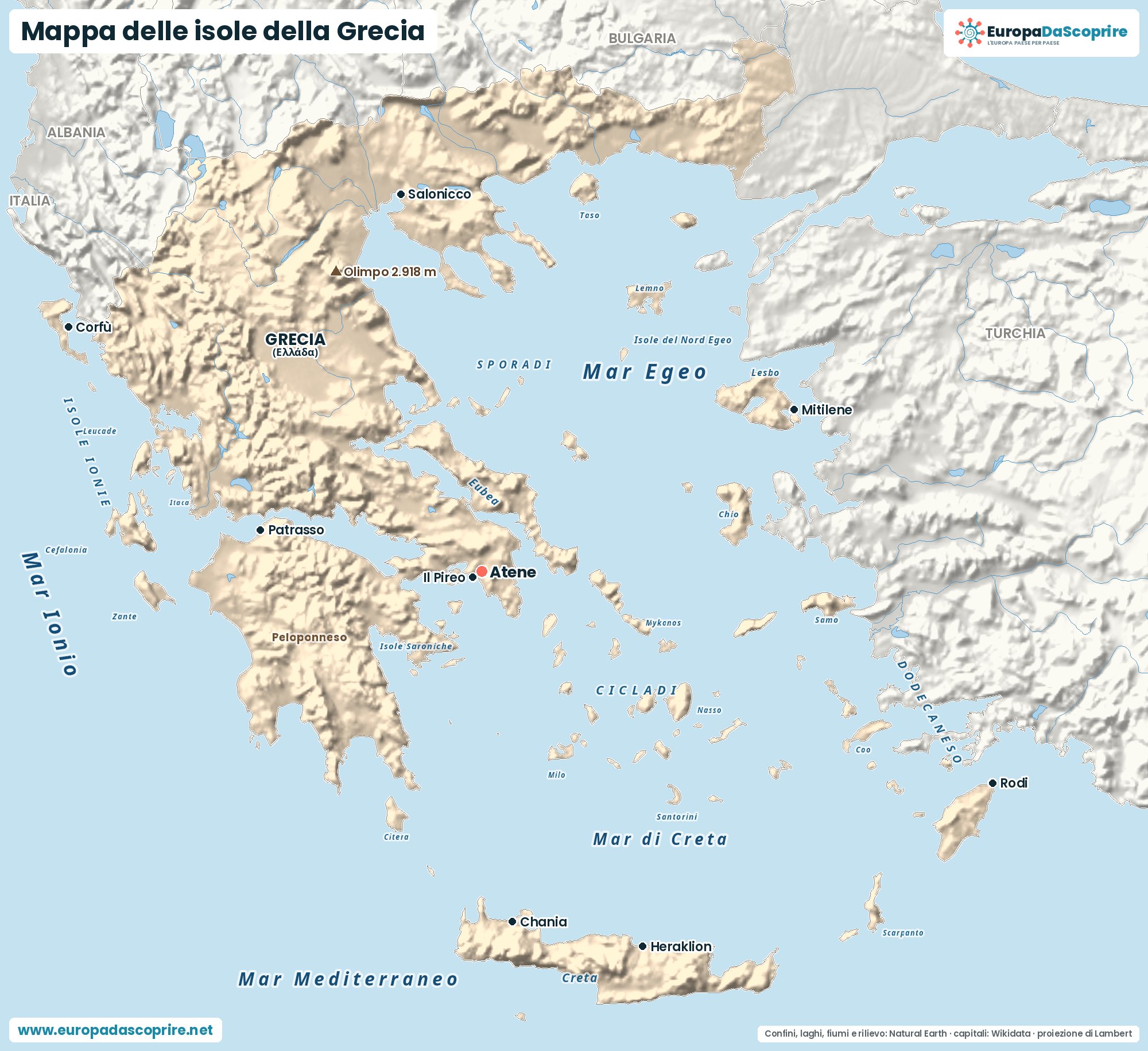 Mappa delle isole della Grecia: Cicladi, Dodecaneso, Isole Ionie, Sporadi, isole del Nord Egeo, Isole Saroniche e Creta