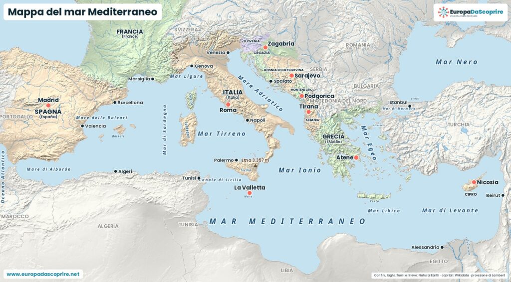 Mappa del mar Mediterraneo con i mari, le isole, gli stretti e i paesi che vi si affacciano