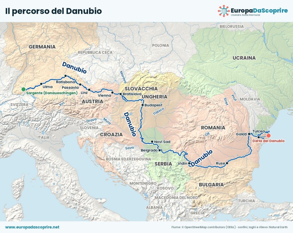 Mappa del percorso del Danubio dalla sorgente alla foce, con gli stati attraversati, le città principali e gli affluenti