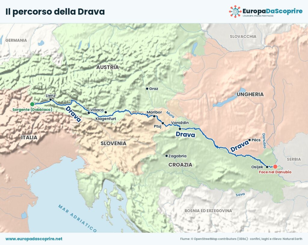 Mappa del percorso della Drava dalla sorgente alla foce, con gli stati attraversati, le città principali e gli affluenti