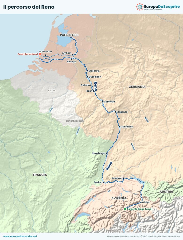 Mappa del percorso del Reno dalla sorgente alla foce, con gli stati attraversati, le città principali e gli affluenti