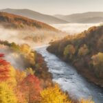 Paesaggio autunnale lungo il fiume Sava con foglie rosse e oro