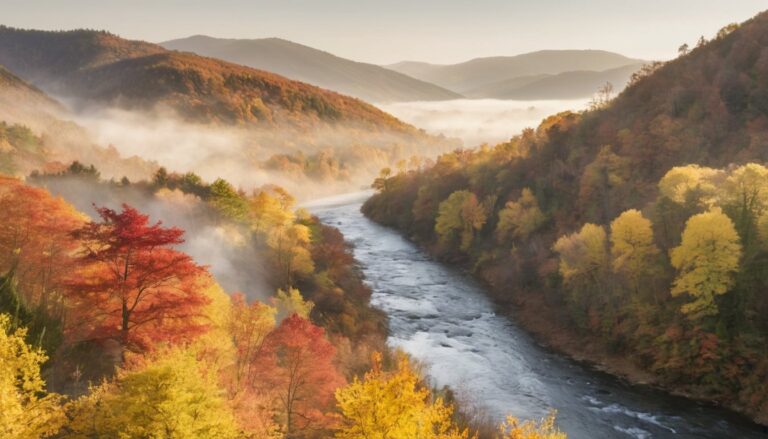 Paesaggio autunnale lungo il fiume Sava con foglie rosse e oro
