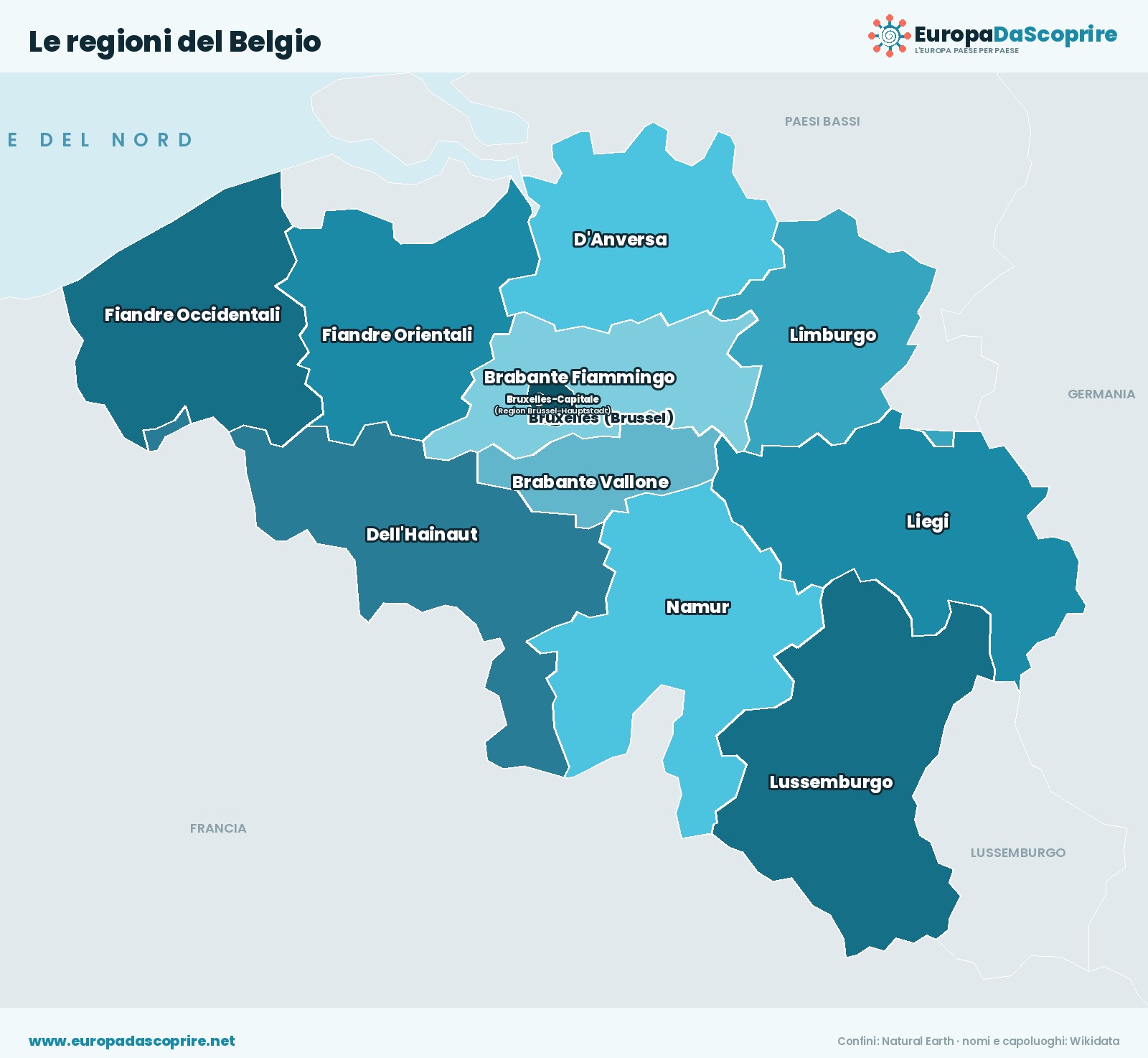 Cartina con le regioni del Belgio: confini, nomi e capoluoghi