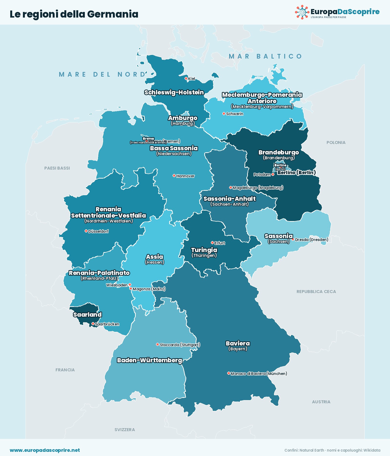 Cartina con le regioni della Germania: confini, nomi e capoluoghi