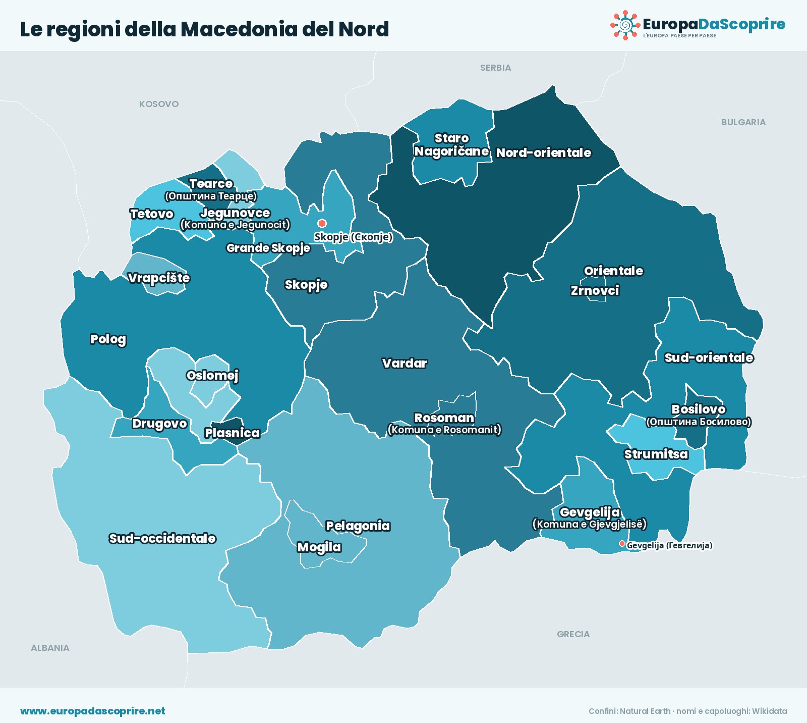 Cartina con le regioni della Macedonia del Nord: confini, nomi e capoluoghi