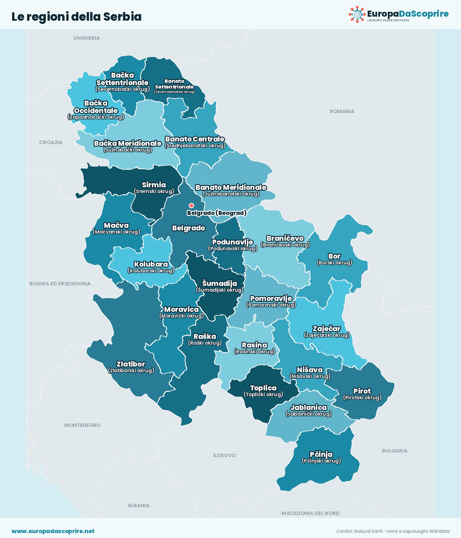 Cartina con le regioni della Serbia: confini, nomi e capoluoghi