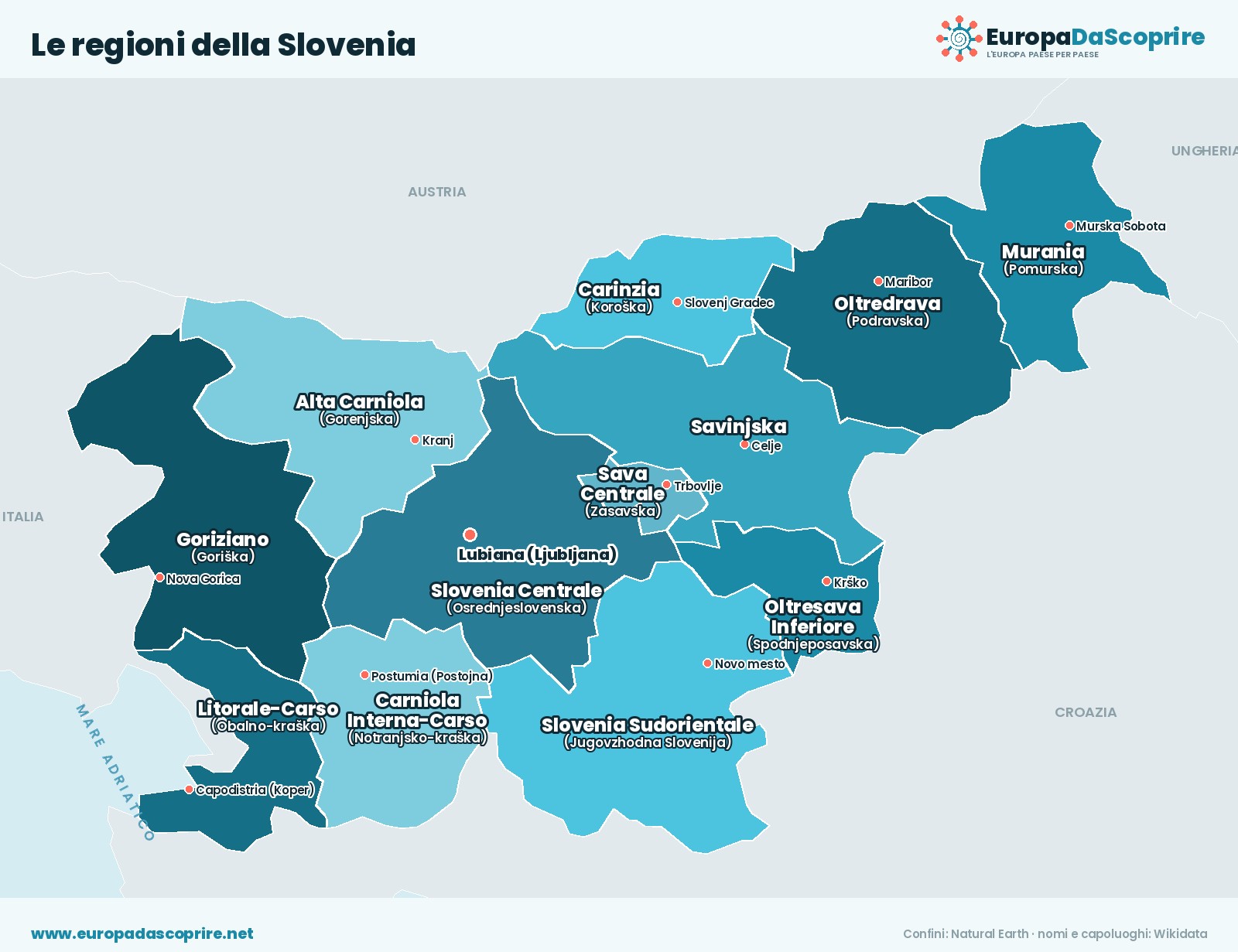 Cartina con le regioni della Slovenia: confini, nomi e capoluoghi