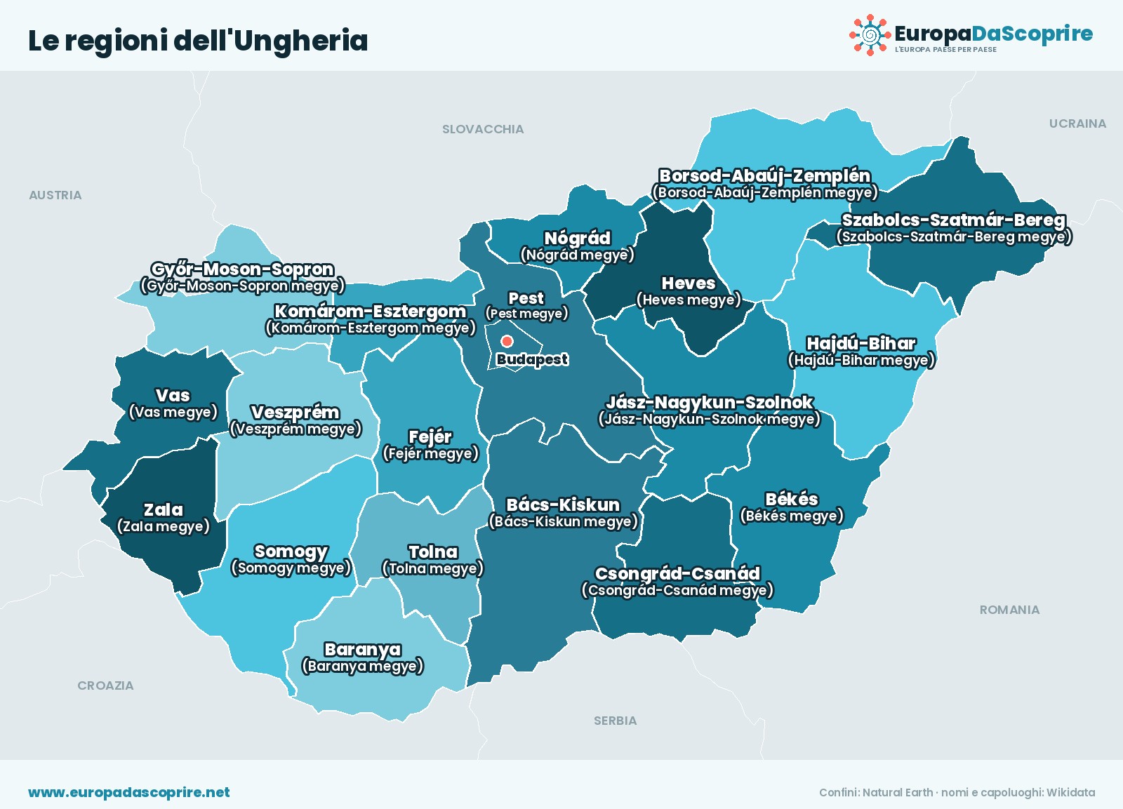 Cartina con le regioni dell'Ungheria: confini, nomi e capoluoghi