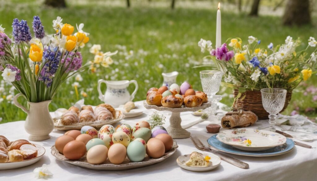 Tavola di Pasqua con uova dipinte, agnello e fiori di primavera