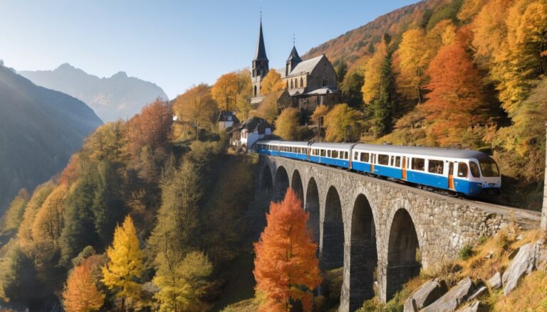 Trenino panoramico su un viadotto in pietra in una valle alpina con i boschi colorati d'autunno
