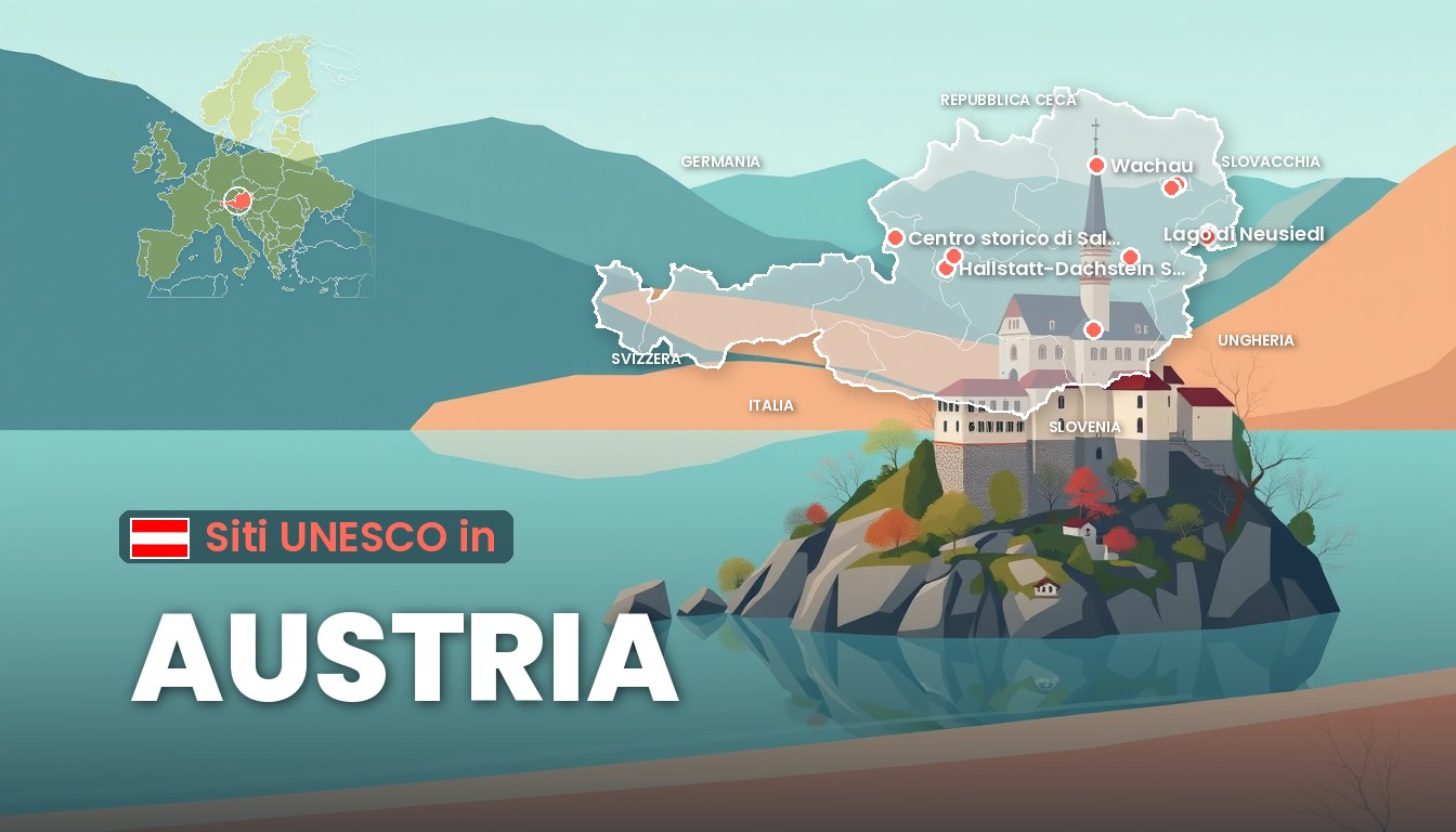 Siti UNESCO in Austria: i patrimoni dell’umanità da visitare Siti UNESCO in Austria: illustrazione con la cartina dell'Austria