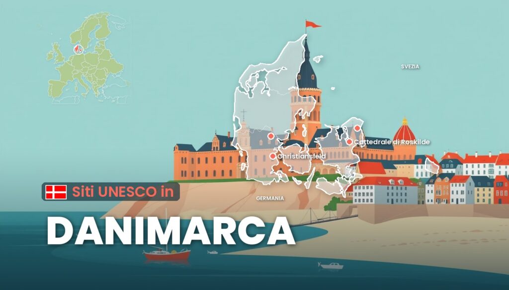 Siti UNESCO in Danimarca: illustrazione con la cartina