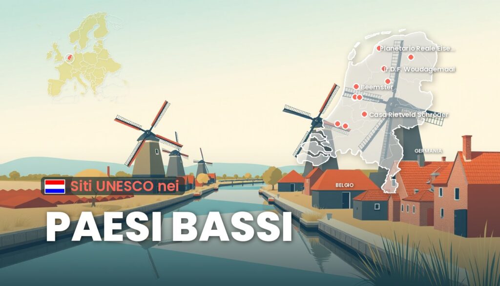 Siti UNESCO nei Paesi Bassi: illustrazione con la cartina