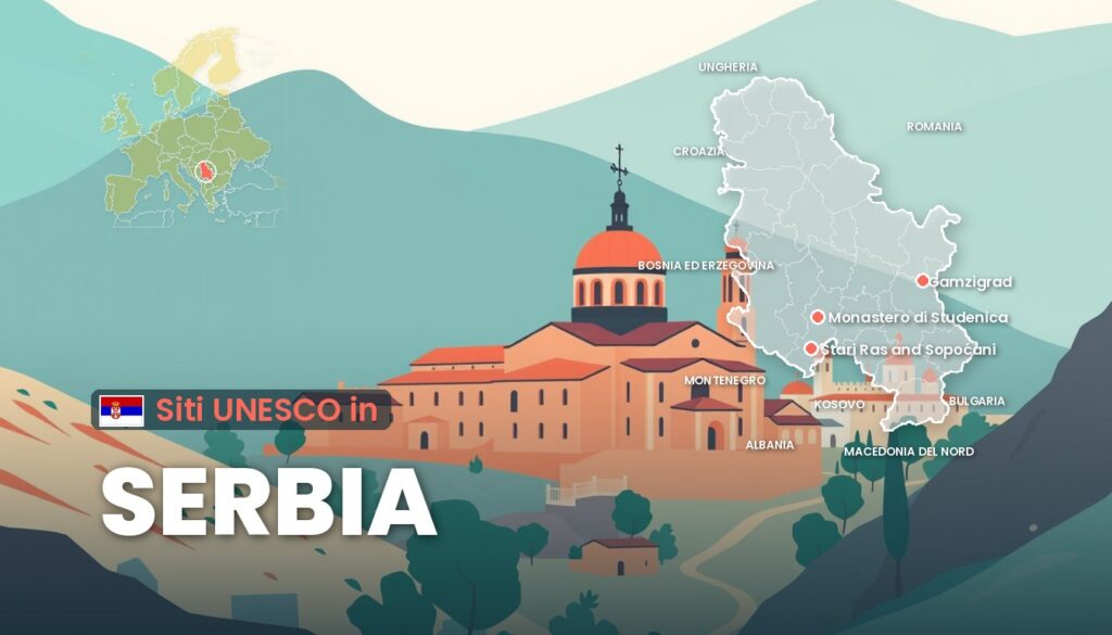Siti UNESCO in Serbia: illustrazione con la cartina