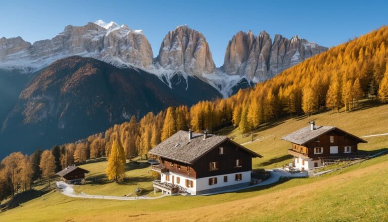 Valle alpina in autunno con larici dorati, masi in legno e cime dolomitiche (immagine generata con intelligenza artificiale)