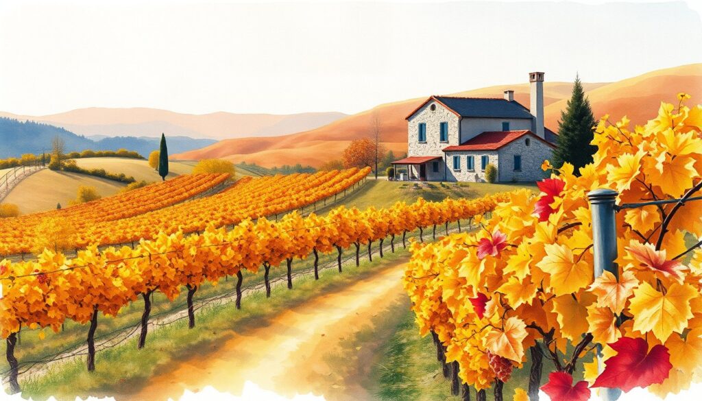 Illustrazione di vigneti istrani in autunno durante la vendemmia, con cantine storiche tra le colline